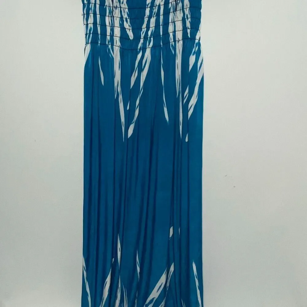 Women's Blue White Tropical Smocked Stretchy‎ Pullover Maxi Dress One Size NWT